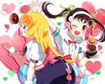  2girls :d ;d absurdres arm_up back_bow bangs blonde_hair blue_skirt blush bow bracelet brown_hair buttons collared_shirt commentary_request doughnut dress_shirt drop_shadow fang floating_hair food green_ribbon hachikuji_mayoi hair_ribbon hairband happy heart highres holding holding_saucer jewelry long_hair looking_at_food looking_at_viewer mashimaro_tabetai monogatari_(series) multiple_girls neck_ribbon one_eye_closed open_mouth oshino_shinobu pink_bow pink_nails puffy_short_sleeves puffy_sleeves purple_skirt red_eyes red_neckwear red_ribbon ribbon saucer shiny shiny_hair shirt shirt_tucked_in short_sleeves skin_fang skirt smile twintails waitress waving white_background white_hairband white_shirt wrist_cuffs yellow_eyes 