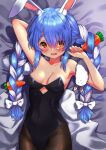  1girl absurdres arm_behind_back arm_up bangs bare_arms bare_shoulders bed_sheet black_leotard blue_hair blush bow braid breasts brown_eyes brown_legwear carrot_hair_ornament collarbone cowboy_shot don-chan_(usada_pekora) eyebrows_visible_through_hair food_themed_hair_ornament hair_between_eyes hair_bow hair_ornament highres hololive kutar22 leotard looking_at_viewer lying medium_breasts multicolored_hair on_back open_mouth pantyhose short_eyebrows strapless strapless_leotard thick_eyebrows twin_braids twintails two-tone_hair usada_pekora virtual_youtuber wavy_mouth white_bow white_hair 