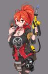  1girl absurdres adriana_rivera black_shirt black_survival blowtorch breasts brown_eyes cleavage gas_mask grey_background highres jacket large_breasts obex117 pipe pipe_in_mouth ponytail red_hair shirt simple_background tagme torn_clothes torn_legwear 