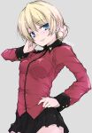  1girl bangs black_skirt blonde_hair blue_eyes braid character_name commentary cowboy_shot darjeeling_(girls_und_panzer) eyebrows_visible_through_hair girls_und_panzer grey_background hand_on_hip hand_on_own_face jacket long_sleeves looking_at_viewer military military_uniform miniskirt open_mouth pleated_skirt red_jacket short_hair simple_background sketch skirt smile solo st._gloriana&#039;s_military_uniform standing tied_hair uniform yumesato_makura 