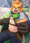  absurd_res anthro armor blush cape clothing felid food hi_res lion live-a-hero male mammal manadezimon muscular muscular_anthro muscular_male offering_food pantherine plant rutilix_(live-a-hero) solo sweet_potato unconvincing_armor vegetable 