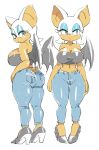  anthro big_breasts bottomwear breast_squish breasts chiropteran cleavage clothed clothing denim denim_clothing female hi_res high_heels jeans mammal midriff pants rouge_the_bat solo sonic_the_hedgehog_(series) squish thick_thighs topwear tube_top wide_hips wings yuta_agc 