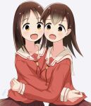  2girls :d achmad_sjahrir azumanga_daioh bangs blush brown_eyes brown_hair brown_skirt cheek-to-cheek eyebrows_visible_through_hair happy highres kasuga_ayumu long_hair long_sleeves looking_at_viewer multiple_girls open_mouth sailor_collar school_uniform serafuku shirt short_hair simple_background skirt sleeves_past_wrists smile standing takino_tomo white_background white_sailor_collar 