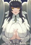  1girl bangs breasts dark_blue_hair eyebrows_visible_through_hair hands_clasped hands_together highres huge_breasts interlocked_fingers last_origin long_hair looking_at_viewer maid_headdress open_mouth own_hands_together ritasato smile snow_feather solo straight-on twitter_username wings yellow_eyes 