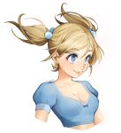  1girl artist_name blonde_hair blue_shirt breasts bubbles_(ppg) cleavage crop_top cropped_torso earrings floating_hair hair_behind_ear highres jewelry juliet_sleeves long_sleeves medium_breasts medium_hair powerpuff_girls puffy_sleeves shirt smile solo syertse twintails upper_body white_background 