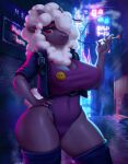  absurd_res anthro big_breasts black_body bovid breasts caprine cigarette clothed clothing curvy_figure detailed_background female fur hi_res legwear leotard looking_at_viewer mammal mrincred neon_lights night public sheep smiley_face smoking solo teasing thick_thighs thigh_highs voluptuous waiting watchmen were werecaprine weresheep wide_hips wool_(fur) xalda 
