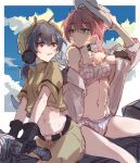  2girls animal_ears arknights bare_shoulders blue_eyes blue_hair blue_poison_(arknights) blue_poison_(rhythm_on_the_beach)_(arknights) braid breasts camisole cleavage collarbone commentary_request e-fa-dorn glaucus_(arknights) glaucus_(exterminator_in_the_square)_(arknights) gloves highres long_hair looking_at_another midriff multiple_girls pink_hair riding small_breasts twin_braids 