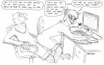  anthro atticus_volpone avian beak chair comic computer desk dialogue distracted duo english_text eyebrows eyes_closed eyewear female furniture glasses keyboard_(computer) looking_back looking_pleasured male monochrome on_bottom on_top raised_eyebrow reverse_cowgirl_position sex side_view sitting sketch speech_bubble text tongue tongue_out wings 