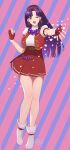  1girl asamiya_athena breasts earrings fingerless_gloves gloves hair_ornament hairband highres jewelry long_hair looking_at_viewer murata_tefu one_eye_closed open_mouth purple_eyes purple_hair red_hairband skirt smile solo star_(symbol) star_hair_ornament the_king_of_fighters 