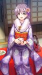  1girl :d bag bangs blush dango doukyuusei doukyuusei_another_world eyebrows_visible_through_hair floral_print flower food fur-trimmed_kimono fur_trim game_cg grey_hair hair_between_eyes hair_flower hair_ornament handbag holding japanese_clothes kimono kurokawa_satomi long_sleeves looking_at_viewer obi official_art open_mouth pink_flower print_kimono purple_kimono sash shiny shiny_hair short_hair sitting smile solo wagashi wide_sleeves yellow_eyes yukata 