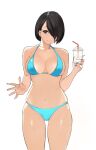  1girl backlighting bangs bikini black_hair blue_bikini blue_eyes blue_nails bobobong breasts collarbone cowboy_shot cup drinking_straw earrings fingernails hair_over_one_eye halterneck hand_up highres holding holding_cup ice ice_cube jewelry looking_at_viewer medium_breasts navel open_hand original parted_bangs shiny shiny_clothes shiny_swimsuit short_hair simple_background skindentation smile solo standing stud_earrings sweat swimsuit 