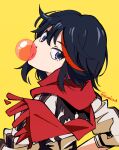  1girl black_hair bubble_blowing chewing_gum eyebrows_visible_through_hair hamaguri_(nirak1203) hand_on_hip highlights jacket kill_la_kill looking_at_viewer looking_back matoi_ryuuko multicolored_hair purple_eyes red_scarf scarf short_hair simple_background watermark yellow_background 