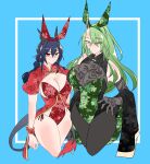  2girls bangs black_gloves black_hair black_legwear blue_background bow_hairband breasts cleavage cowboy_shot eyebrows_visible_through_hair fishnet_gloves fishnet_legwear fishnets floral_print gloves green_eyes green_hair hairband hand_on_hip highres hisaki_(morenabe) horns huge_breasts large_breasts leotard long_hair multiple_girls oni_horns original puffy_short_sleeves puffy_sleeves red_eyes rose_print short_sleeves simple_background single_horn skin-covered_horns sleeveless tail twintails wrist_cuffs 