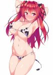  1girl animal_print armpits arms_behind_head arms_up bikini blush bow breasts cleavage closed_mouth collarbone covered_nipples cow_horns cow_print cow_tail front-tie_bikini front-tie_top groin hair_bow hair_intakes halterneck highres horns ichi_makoto large_breasts long_hair looking_at_viewer naruse_mio navel nose_blush pink_eyes red_hair shinmai_maou_no_testament side-tie_bikini simple_background skindentation solo stomach strap_gap string_bikini sweat swimsuit tail thighs two_side_up white_background white_bikini 
