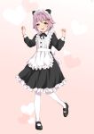  1girl :3 alternate_costume apron brown_eyes enmaided frills full_body hair_intakes hair_ornament hairpin heart idolmaster idolmaster_cinderella_girls koshimizu_sachiko maid maid_apron maid_headdress pink_hair sakaki_imasato short_hair simple_background solo standing standing_on_one_leg 