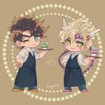  2boys alternate_costume apron aqua_eyes artist_name battle_tendency black_apron blonde_hair blue_pants brown_background brown_hair caesar_anthonio_zeppeli chibi closed_mouth collared_shirt commentary cup dot_nose eyebrows_visible_through_hair facial_mark feathers food full_body green_eyes hair_feathers hand_on_hip headband hexagram highres holding holding_tray jojo_no_kimyou_na_bouken joseph_joestar_(young) kogatarou looking_at_viewer male_focus multiple_boys notice_lines one_eye_closed orange_footwear pants pink_footwear pocket shirt short_hair signature sleeves_rolled_up smile standing symbol_commentary tray triangle_print waiter white_shirt 