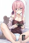  1girl :t ahoge bare_legs bare_shoulders barefoot blush breasts camisole can cleavage commentary_request controller game_controller glasses highres holding holding_controller holding_game_controller kotatsu_(kotatsu358) long_hair long_sleeves looking_at_viewer medium_breasts monster_energy original panties pink_hair ponytail purple_eyes sidelocks sitting solo strap_slip striped_jacket stuffed_animal stuffed_toy tearing_up tears teddy_bear underwear white_panties 