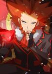  1boy alcohol black_gloves black_pants closed_mouth commentary_request cup drinking_glass fingerless_gloves fur-trimmed_jacket fur_trim gloves grey_eyes highres holding holding_cup jacket long_sleeves looking_at_viewer lysandre_(pokemon) male_focus orange_hair orange_neckwear pants pokemon pokemon_(game) pokemon_xy sitting smile solo spiked_hair taisa_(lovemokunae) team_flare wine wine_glass 