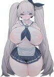  1girl absurdres blue_skirt blush covered_nipples eyebrows_visible_through_hair grey_eyes grey_hair hair_between_eyes highres long_hair open_mouth original rabbit_(wlsdnjs950) school_uniform see-through simple_background skirt solo twintails uniform very_long_hair wet white_background 