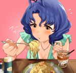  1girl :&gt;= antenna_hair aqua_skirt bangs blue_hair blush breasts brown_eyes cleavage collarbone cup drinking_straw eyebrows_visible_through_hair food fork hanamasa_ono highres idolmaster idolmaster_million_live! jewelry medium_breasts milk_tea necklace parted_bangs pasta pink_background plate short_hair short_sleeves skirt solo spice sweat sweatdrop toyokawa_fuuka upper_body 