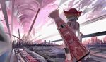  1girl back bike_shorts cannon cloud cloudy_sky commentary_request e_volution ground_vehicle kouzuki_anna multicolored_hair orange_hair outdoors pink_hair railroad_tracks sky solo sunset tornado train turret two-tone_hair weapon yu-gi-oh! yu-gi-oh!_zexal 