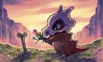  bone cloud commentary_request cubone flower from_side gen_1_pokemon grass grey_eyes holding holding_flower kamijima871 outdoors pokemon pokemon_(creature) skull sky solo standing twilight 