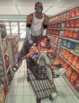  1boy 1girl artificial_eye chips closed_eyes colored_skin cyborg cyborg_(dc) dark_skin dark_skinned_male food gabriel_picolo highres indoors mask mechanical_eye mouth_mask orange_skin pants shopping shopping_cart starfire tank_top teen_titans 