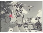  armpits arms_up ayla_(chrono_trigger) beach bikini blood border breasts chrono_trigger covering_mouth crono_(chrono_trigger) earrings flip-flops floating flying_sweatdrops frog_(chrono_trigger) glasses greyscale hair_tubes headband highres jewelry levitation long_hair lucca_ashtear magus_(chrono_trigger) male_swimwear marle_(chrono_trigger) medium_breasts monochrome muscular muscular_male navel nosebleed parted_lips pointy_ears ponytail robo_(chrono_trigger) robot ryan_jampole sandals signature sky small_breasts spiked_hair spot_color sunglasses swim_briefs swim_trunks swimsuit swimwear tree undressing white_border 