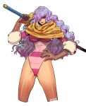  1girl absurdres breasts brown_gloves copyright_request cowboy_shot cropped_legs gloves hair_over_one_eye hand_on_hip highleg highleg_leotard highres holding holding_sword holding_weapon large_breasts leotard long_hair okada_(hoooojicha) purple_hair purple_leotard simple_background solo striped_leotard sword weapon white_background 