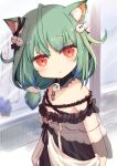  1girl :t animal_ear_fluff animal_ears bangs bare_shoulders black_dress cat_ears closed_mouth commentary_request dress eyebrows_visible_through_hair frilled_dress frills green_hair hair_ornament highres hololive looking_at_viewer low_twintails off-shoulder_dress off_shoulder pout red_eyes ridy_(ri_sui) see-through short_twintails solo twintails uruha_rushia virtual_youtuber 