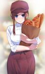 1girl bag baguette blue_eyes blurry blurry_background blush bread breasts brown_hair cabbie_hat chef_uniform closed_mouth copyright_request depth_of_field food go-toubun_no_hanayome grocery_bag hair_ornament hairclip hat highres igarashi_kyouhei large_breasts long_hair long_skirt looking_at_viewer nakano_miku red_skirt shirt shopping_bag skirt smile solo white_shirt 