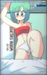  1girl animated animated_gif arm_up ass_visible_through_thighs bed blue_hair blush bouncing_breasts breasts bulma cameltoe covered_nipples diives dragon_ball dragon_ball_z english_text highres loose_socks panties red_footwear red_tubetop shoes short_hair sneakers solo strapless subtitled tubetop underwear white_panties 