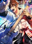  1boy brown_eyes brown_hair fang glasses guitar hair_behind_ear holding holding_instrument holding_plectrum instrument jacket kinako_(462) looking_at_viewer macross macross_7 male_focus music nekki_basara official_alternate_costume open_mouth playing_instrument round_eyewear uta_macross_sumaho_deculture v-shaped_eyebrows white_jacket 