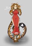  1girl animal_ears artist_name bare_arms breasts claws closed_mouth commentary dress earrings full_body fur hhhori highres jewelry jinko_(monster_girl_encyclopedia) long_dress monster_girl monster_girl_encyclopedia original red_dress solo spiked_hair standing tail tiger_ears tiger_girl tiger_tail 