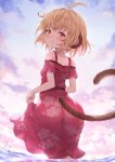 1girl ahoge andira_(granblue_fantasy) animal_ears antenna_hair ass bangs blonde_hair blush breasts closed_mouth cloud dress erune eyebrows_visible_through_hair granblue_fantasy highres kimblee looking_at_viewer looking_back monkey_ears orange_eyes outdoors red_dress see-through_silhouette short_hair sky small_breasts smile solo standing tail wading water 