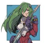  1girl bangs breasts collarbone dated emilia_jenius green_hair guitar hair_between_eyes head_tilt holding holding_instrument instrument kinako_(462) looking_at_viewer macross macross_7 medium_breasts one_eye_closed parted_lips pilot_suit pointy_ears solo 