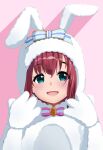  1girl :d animal_ears animal_hood blush bow bowtie bunny_ears character_request green_eyes hands_up highres hood hood_up igarashi_kyouhei looking_at_viewer love_live! open_mouth pink_background red_hair smile solo upper_body 