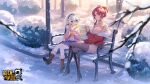  2girls drink headband honkai_impact logo majiang murata_himeko ponytail red_hair scarf skirt snow tagme_(character) thighhighs tree white_hair winter 