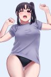  1girl ass_visible_through_thighs black_hair black_panties breasts copyright_request covered_nipples cowboy_shot fingernails grey_shirt hands_up highres igarashi_kyouhei kazuno_sarah large_breasts looking_at_viewer love_live! love_live!_sunshine!! medium_hair one_eye_closed one_side_up open_mouth panties red_eyes saint_snow see-through_silhouette shirt short_sleeves solo stretch thigh_gap underwear yawning 
