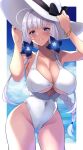  1girl azur_lane bangs bare_arms bare_shoulders blue_eyes blunt_bangs blush bracelet braid breasts cleavage collarbone covered_navel cowboy_shot eyebrows_visible_through_hair hair_ornament hands_on_headwear hat highleg highleg_swimsuit highres illustrious_(azur_lane) jewelry large_breasts large_hat long_hair mole mole_under_eye o-ring o-ring_swimsuit one-piece_swimsuit outdoors parted_lips silver_hair smile solo standing sun_hat swimsuit swimwear thighs wee_(weeyy) white_headwear white_swimsuit 