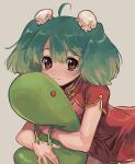  1girl ahoge brown_hair bun_cover china_dress chinese_clothes commentary_request dress green_hair grey_background kinako_(462) leaning_forward looking_at_viewer macross macross_frontier object_hug oosanshouuo-san ranka_lee red_dress short_hair smile solo stuffed_toy 