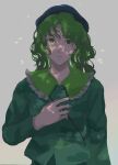  1girl camouflage camouflage_headwear camouflage_jacket camouflage_print camouflage_shirt camouflage_skirt green_eyes green_hair green_shirt hat highres holding holding_key jacket key medium_hair open_mouth sakishima_(sakisima_00) shirt skirt solo touhou wavy_hair yamashiro_takane 