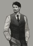  1boy beard black_hair cheetahman_(1ddghfr78cswc) disco_elysium facial_hair goatee hands_in_pockets highres jean_vicquemare male_focus monochrome mustache necktie pants shirt short_hair simple_background solo standing vest 