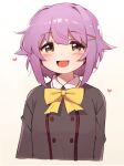  1girl bangs blush bow bowtie brown_eyes cropped_torso eyebrows_visible_through_hair hair_flaps heart idolmaster idolmaster_cinderella_girls korean_commentary koshimizu_sachiko looking_at_viewer mg_pong open_mouth purple_hair short_hair simple_background solo upper_body yellow_background yellow_bow yellow_bowtie 