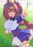  1girl animal_ears bangs blush breasts brown_hair daiwa_scarlet_(umamusume) epaulettes fang hair_intakes highres horse_ears horse_girl horse_tail large_breasts long_hair long_sleeves looking_at_viewer mizuki_makoto open_mouth pointing pointing_at_viewer red_eyes skin_fang smile tail thighhighs tiara twintails umamusume very_long_hair 