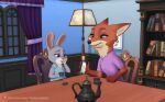  anthro beverage bonnie_hopps canid canine clothing digital_media_(artwork) disney duo female female/female fox hi_res invalid_background lagomorph leporid mammal mrs._wilde phone rabbit tea the_gory_saint zootopia 