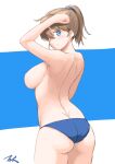  1girl ass blue_eyes blue_panties breasts brown_hair cowboy_shot from_behind highres intrepid_(kancolle) kantai_collection large_breasts looking_at_viewer panties ponytail short_hair sideboob solo t2r topless two-tone_background underwear white_background 