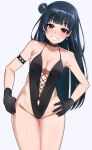  1girl arm_belt belt_collar black_gloves black_swimsuit blue_hair blush breasts collar earrings gloves grin halterneck hands_on_hips highres igarashi_kyouhei jewelry large_breasts legs_together long_hair looking_at_viewer love_live! love_live!_sunshine!! one-piece_swimsuit side_bun simple_background skindentation skull_earrings smile solo standing swimsuit tsushima_yoshiko white_background 