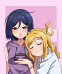  2girls :t alternate_hair_length alternate_hairstyle blonde_hair blue_hair blush bracelet braid closed_eyes crown_braid embarrassed groping hand_up highres hood hood_down hoodie igarashi_kyouhei jewelry love_live! love_live!_sunshine!! matsuura_kanan medium_hair multiple_girls ohara_mari one_side_up open_mouth purple_eyes purple_hoodie shirt smile u_u white_shirt yuri 