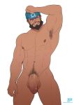  1boy abs alejandro_tio archie_(pokemon) armpit_hair armpits bandana bara beard completely_nude dark_skin dark_skinned_male english_commentary facial_hair feet_out_of_frame flaccid foreskin highres large_pectorals looking_at_viewer male_focus male_pubic_hair mature_male muscular muscular_male navel navel_hair nipples nude pectorals pokemon pubic_hair short_hair simple_background solo standing stomach thick_thighs thighs uncensored white_background 